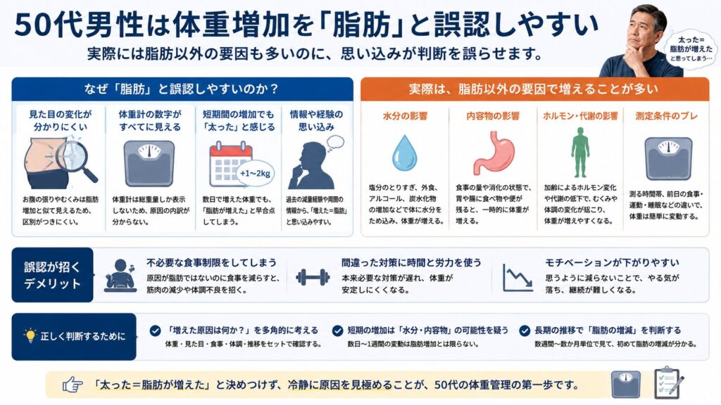 50代男性が体重増加を脂肪と誤認しやすい理由を、水分・内容物・代謝変化などの視点で整理した図解