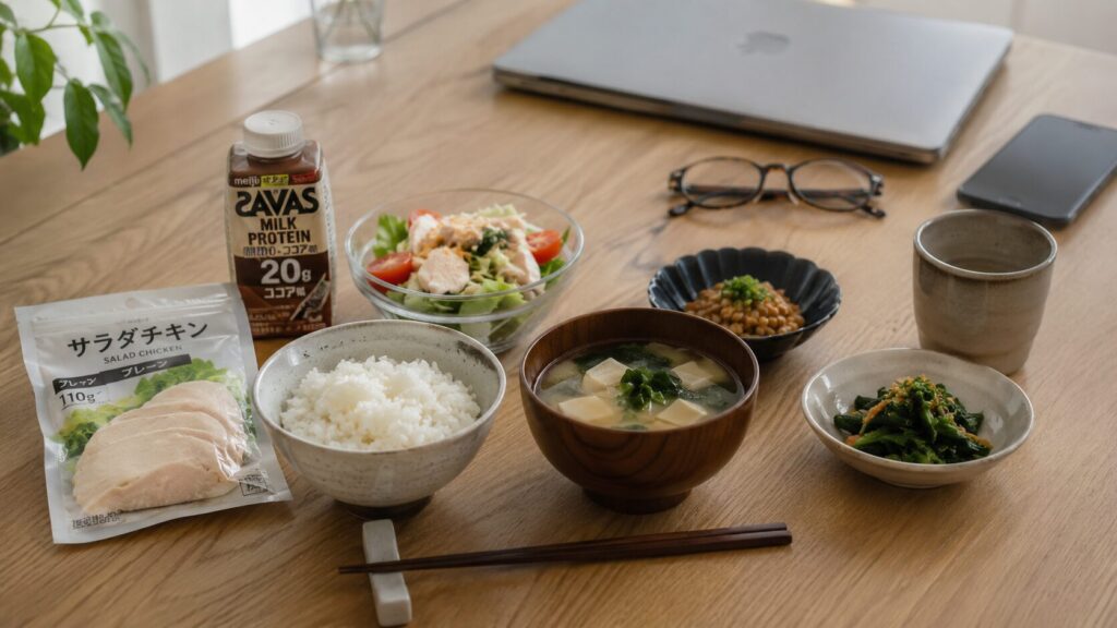 50代男性の加工たんぱく食品と自炊を組み合わせた食事イメージ