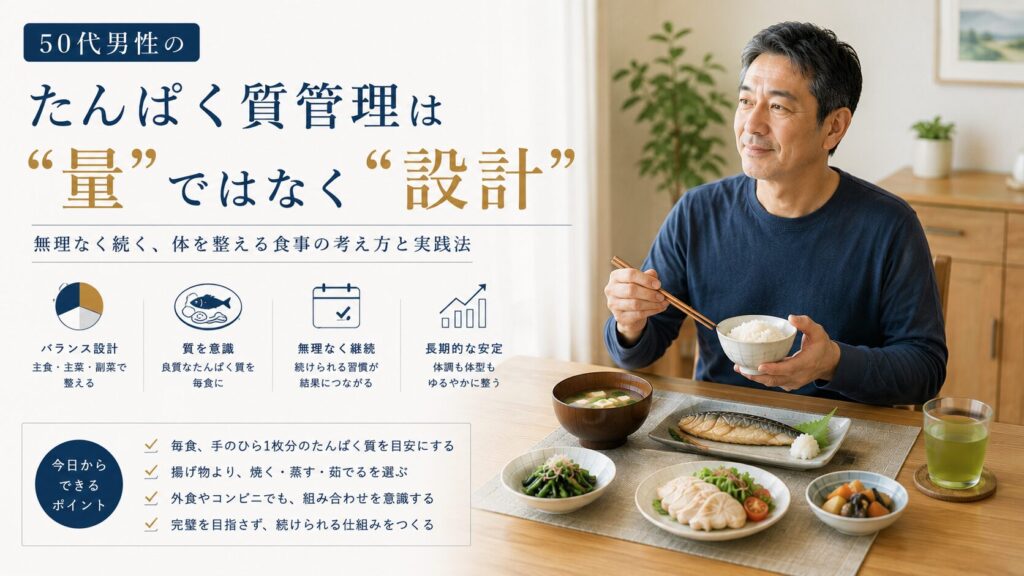 50代男性向けの、たんぱく質を量ではなく食事設計として考える食事管理イメージ