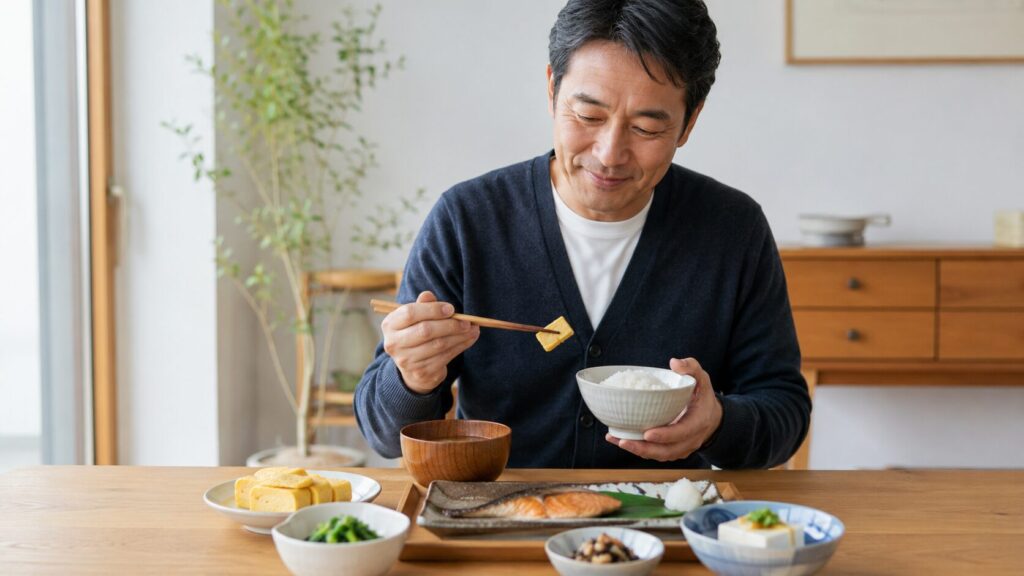 50代男性がたんぱく質と満足感を意識した食事をしているイメージ