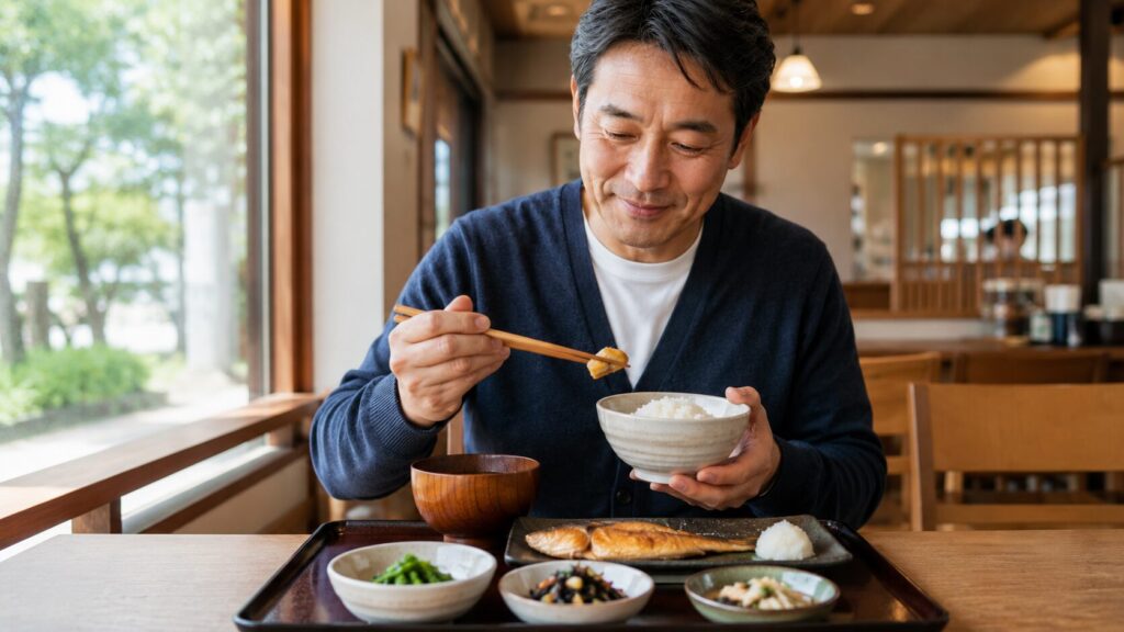 50代男性が外食でも無理なく食事管理しているイメージ