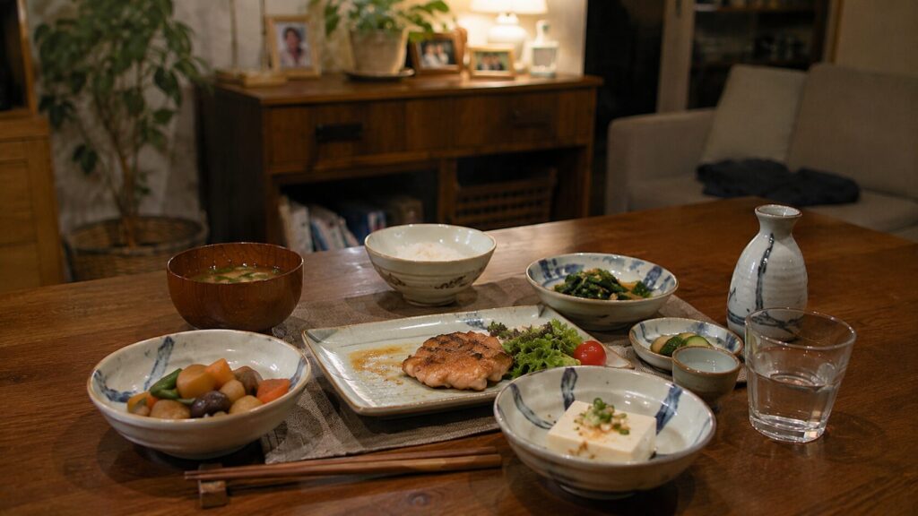 我慢しすぎず自然に食事管理を続ける50代男性向けの食卓イメージ