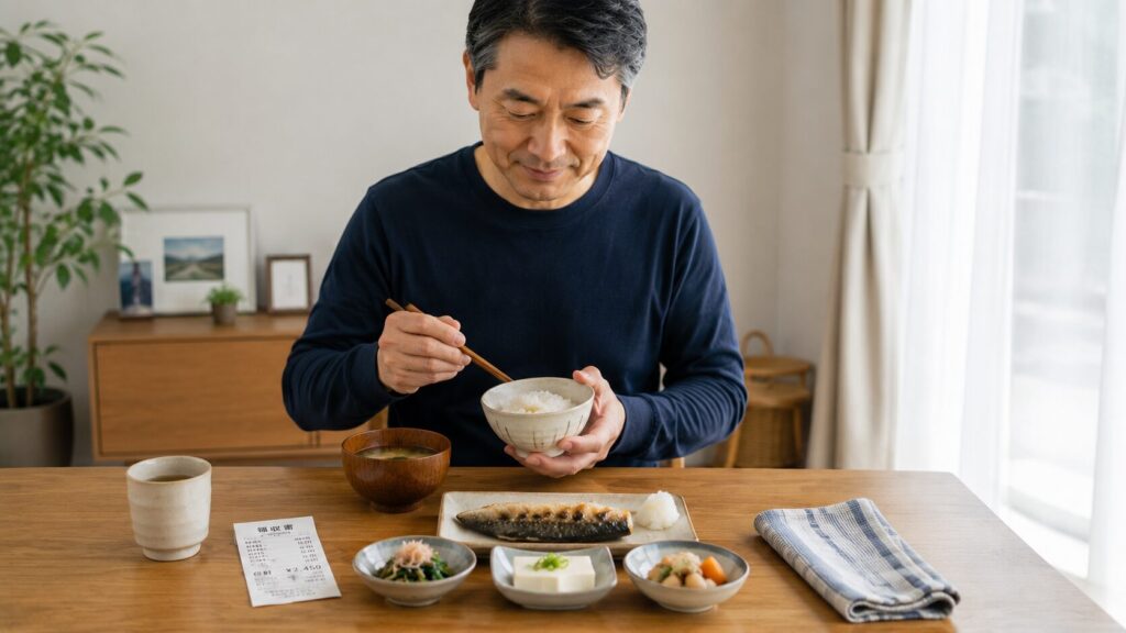50代男性が食事を無理なく整え直しているイメージ