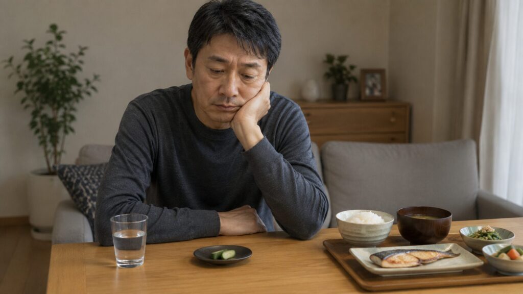 極端に食事量を減らしたことで負担を感じている50代男性のイメージ