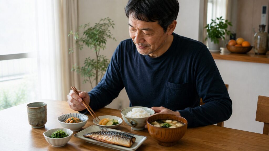 外食後も普段の食事へ戻して整えている50代男性のイメージ