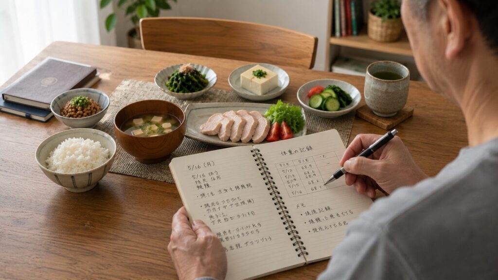 50代男性が食事内容と体重管理を見直しているイメージ