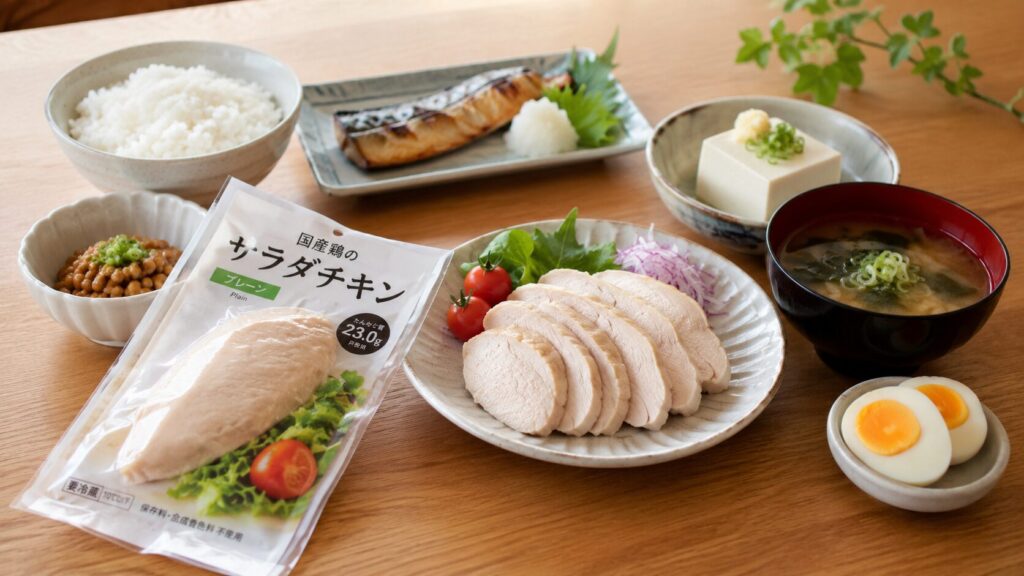 サラダチキンを活用した50代男性向けの高たんぱく食事イメージ