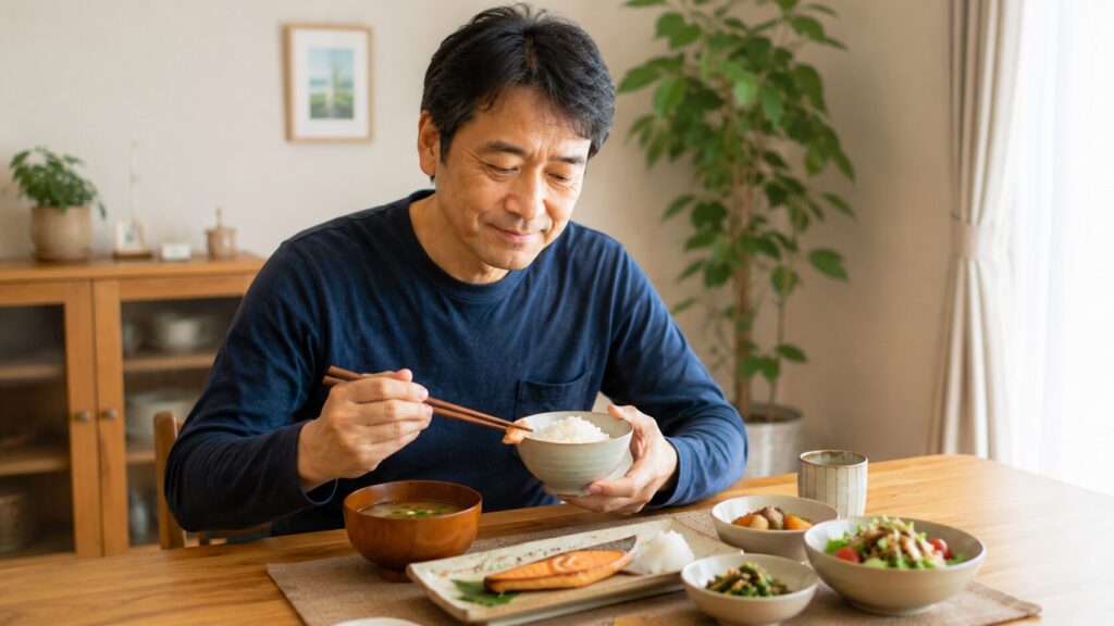 50代男性が満足感を意識しながら食事管理しているイメージ