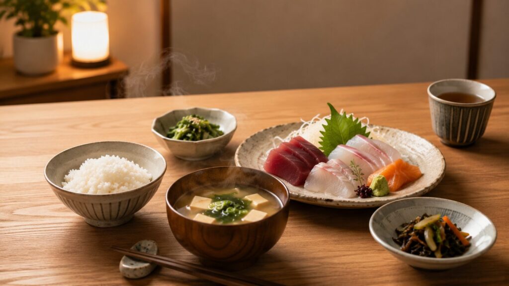 刺身と味噌汁で満足感を高める50代男性向け食事イメージ