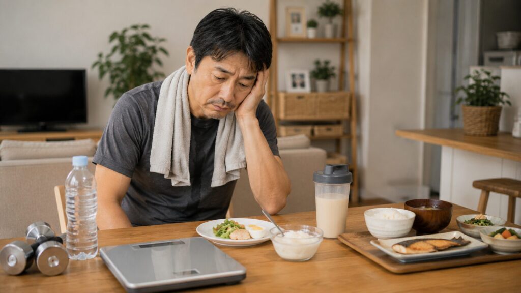 短期間だけ無理な体重管理を続けようとして疲れている50代男性の様子