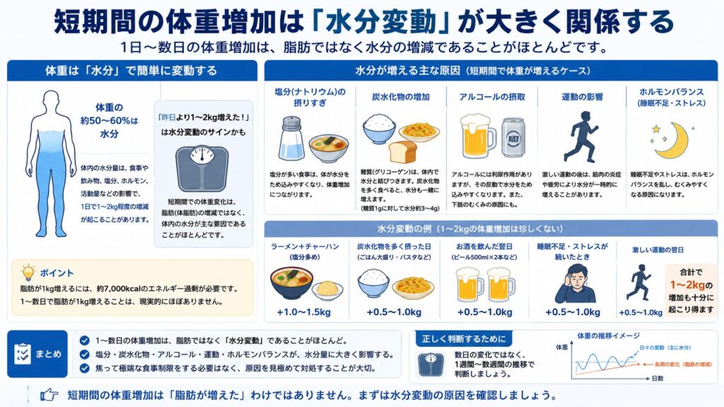 短期間の体重増加について、塩分・炭水化物・アルコールなどによる水分変動を整理した図解