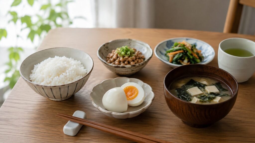 納豆と味噌汁を使った50代男性向けの朝食例