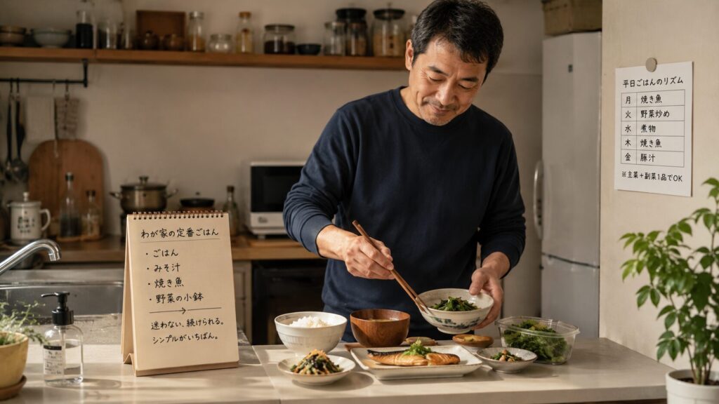 50代男性がシンプルな食事パターンを整えているイメージ