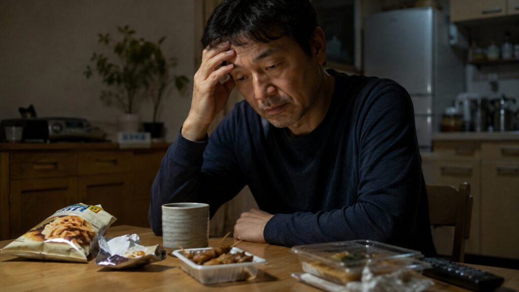 睡眠不足の日に食事リズムが乱れやすい50代男性の生活イメージ