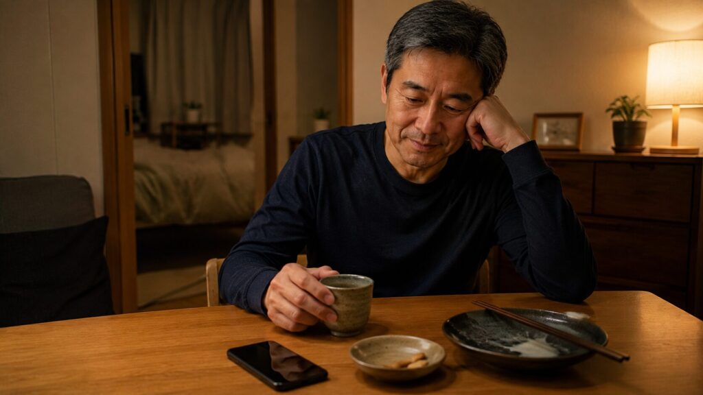 夜更かしや生活リズムの乱れを見直す50代男性の生活イメージ