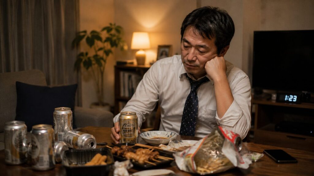 夜遅くまで食事や飲酒をして疲れている50代男性の生活イメージ