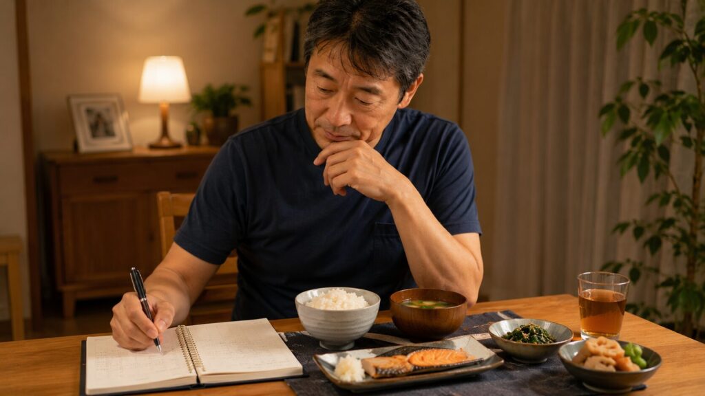 50代男性が睡眠や生活リズムを確認しながら体重管理を続けている様子
