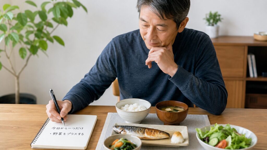 50代男性が無理のない食事改善を始めているイメージ