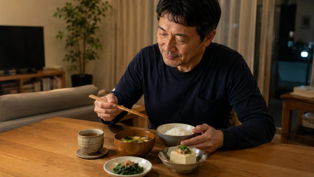 間食を我慢するのではなく自然に減らしている50代男性の生活イメージ