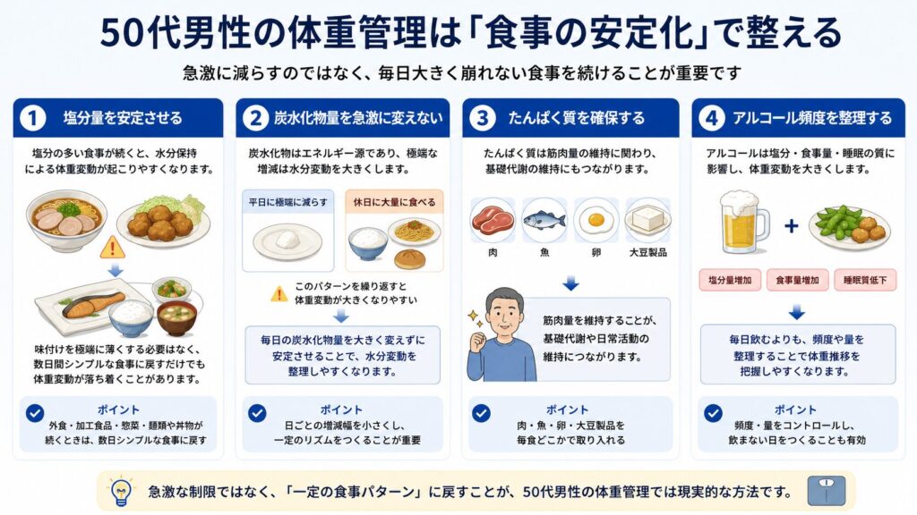 50代男性の体重管理について、塩分・炭水化物・たんぱく質・アルコール頻度を整理して解説した食事安定化の図解