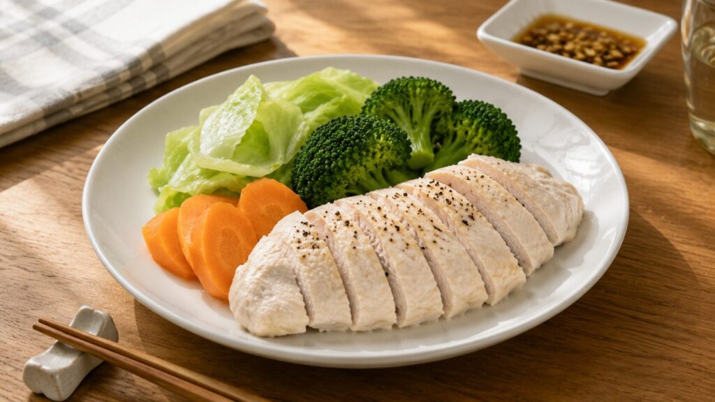 蒸し鶏と野菜を使った低脂質の食事