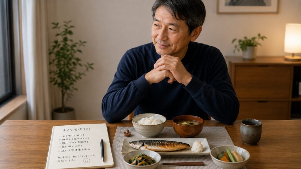 50代男性が無理なく続けられる食事習慣を整えているイメージ