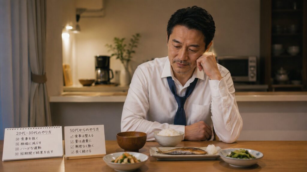 50代男性が無理のない食事管理について考えているイメージ