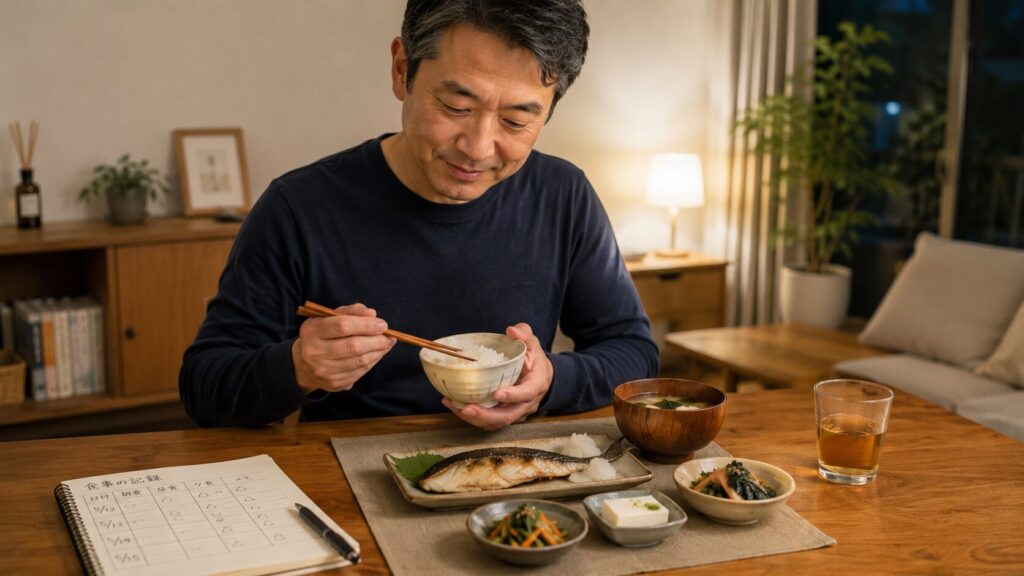 50代男性が無理なく食事管理を続けているイメージ
