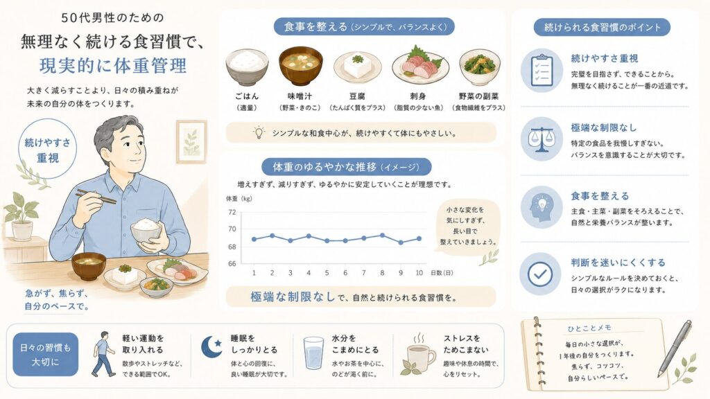 50代男性の食事改善と体重管理を整理した図解イラスト