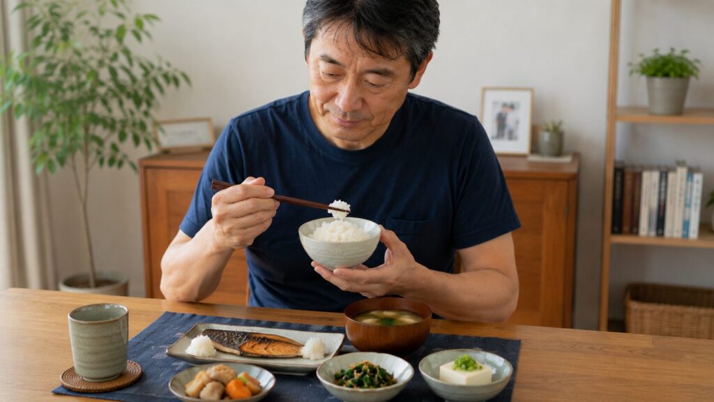 50代男性が無理なく続けやすい食生活で体重管理をしている様子
