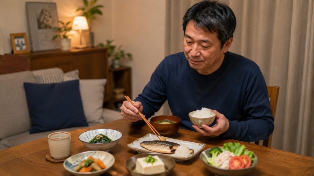 和食中心で無理なく食事管理を続ける50代男性向けの食卓イメージ