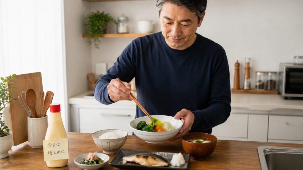 50代男性が無理なく低脂質な食事を続けているイメージ