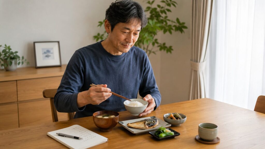 50代男性が無理なく食事量を調整しているイメージ