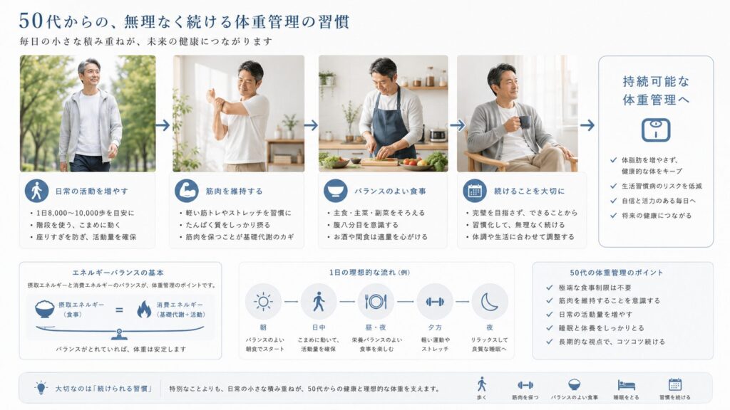 50代男性の継続しやすい食事と生活習慣を整理したイメージ