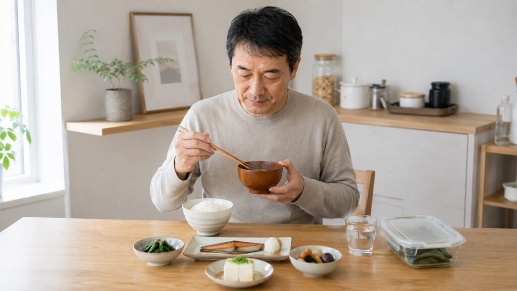 毎日の食事に味噌汁を無理なく取り入れている50代男性のイメージ