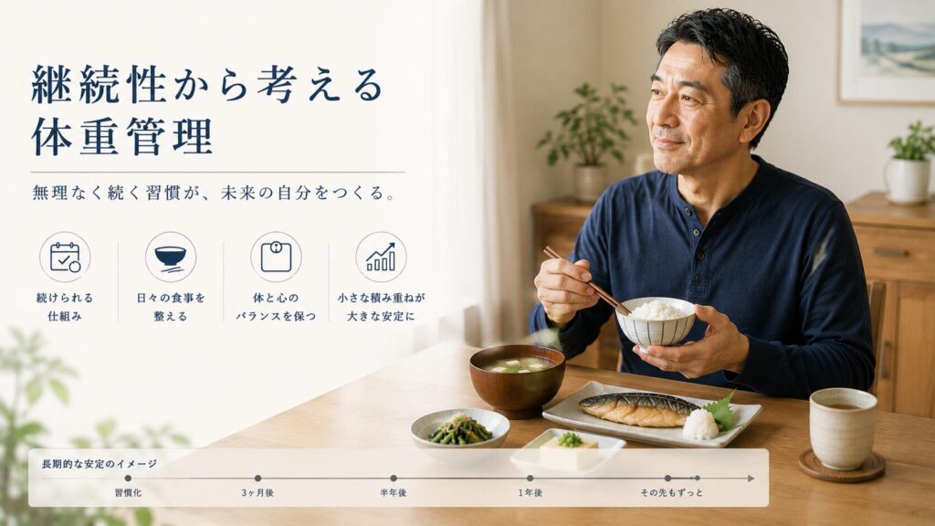 50代男性が無理なく継続できる和食中心の体重管理を実践しているイメージ