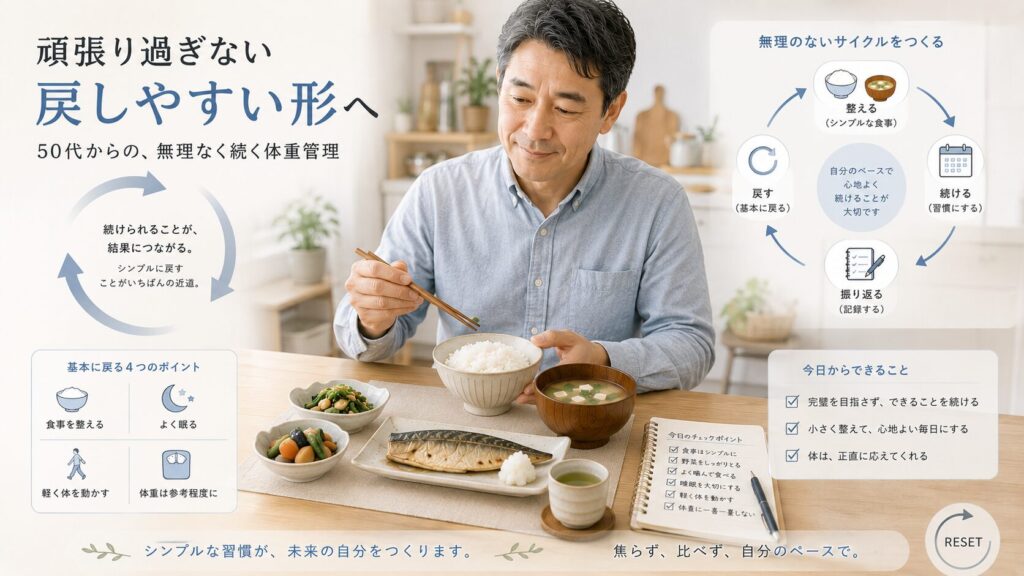 50代男性が無理をせず食事を整えているイメージ