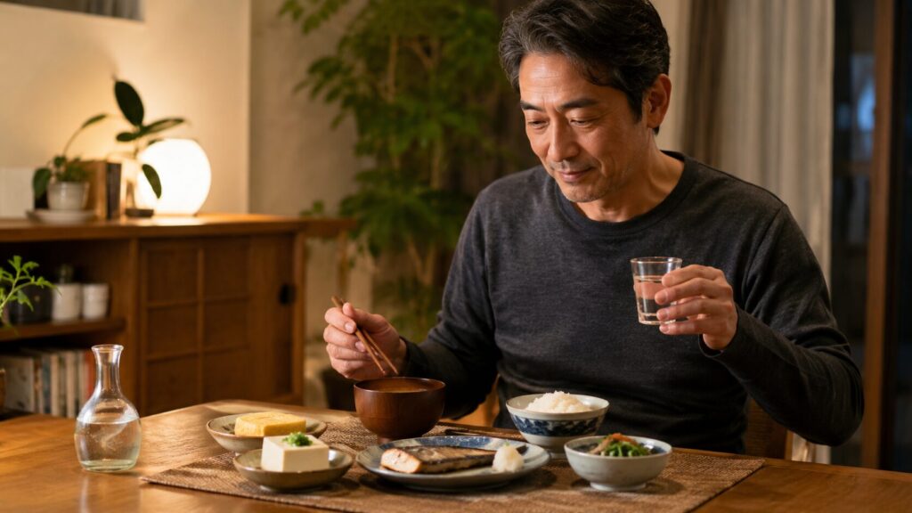 和食と軽い晩酌を取り入れながら体重管理を続ける50代男性の食卓イメージ