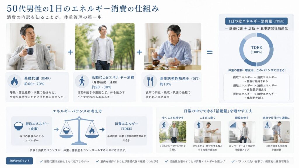 50代男性の基礎代謝と総消費エネルギーを整理したイメージ