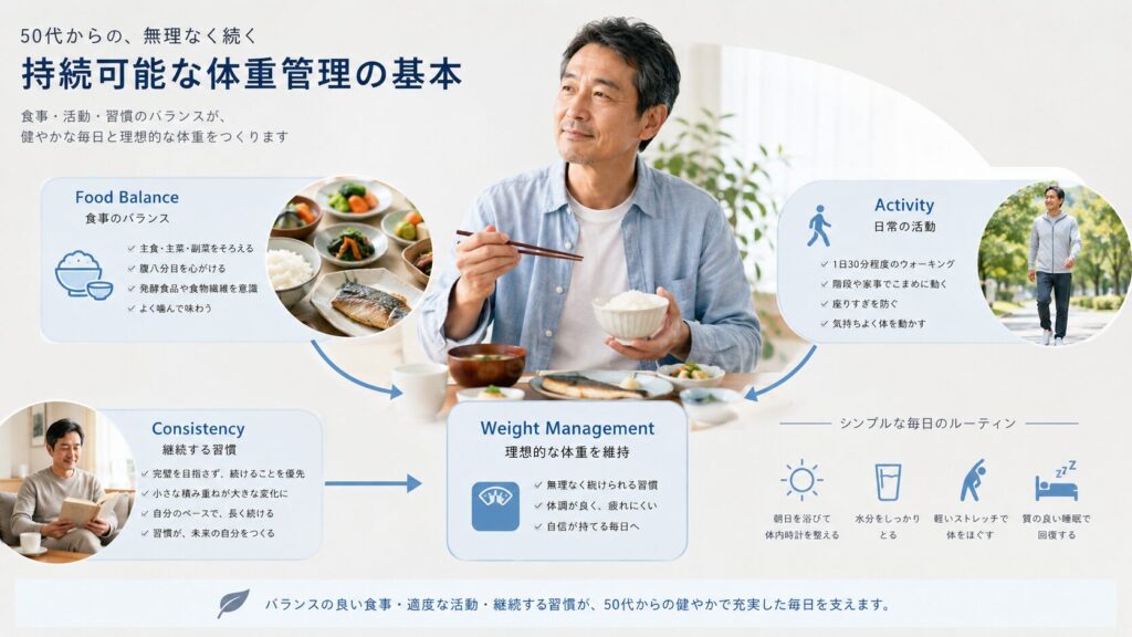 50代男性の継続しやすい体重管理を整理したイメージ