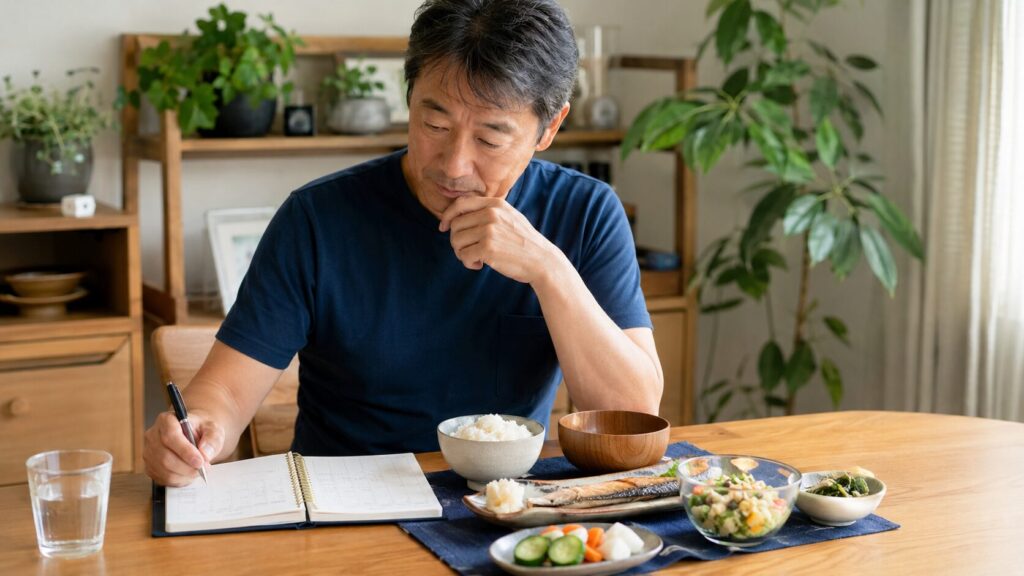 50代男性が食事や体重の記録を確認しながら体重管理を続けている様子