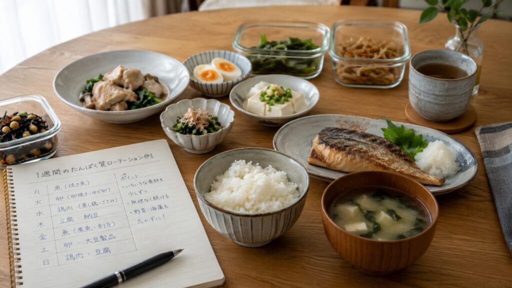 50代男性の週単位でたんぱく源を分散する食事イメージ