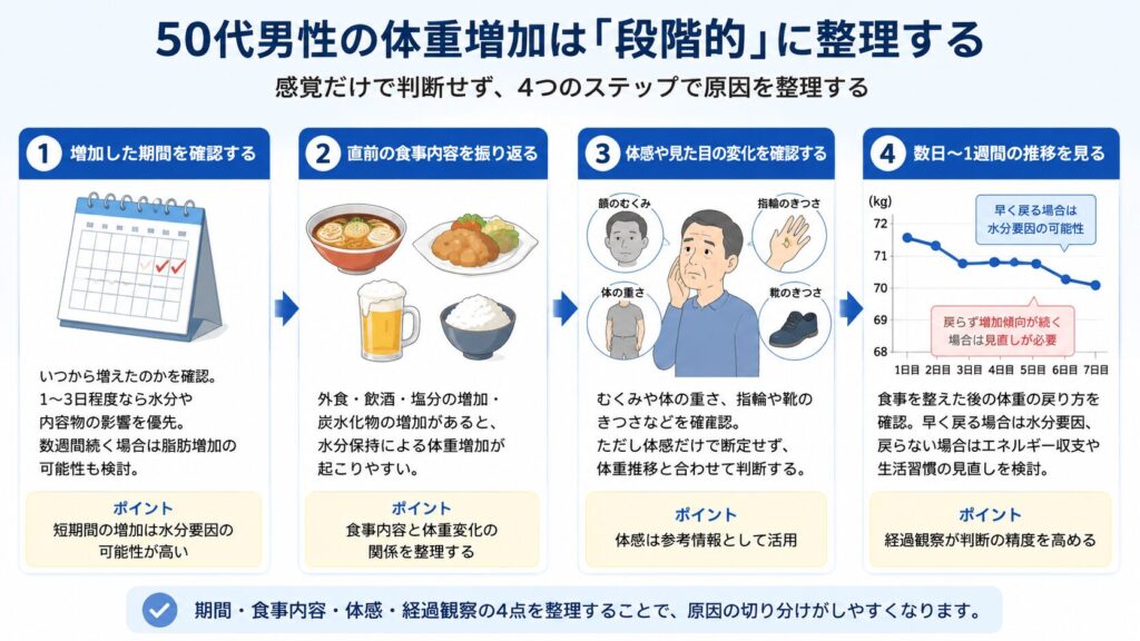 50代男性の体重増加を、期間・食事内容・体感・経過観察の4段階で整理する判断フロー図