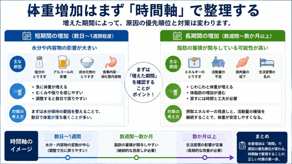 50代男性の体重増加について、短期間増加と長期間増加を時間軸で比較整理した図解