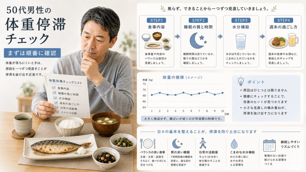 50代男性が体重停滞時のチェックポイントを確認しているイメージ