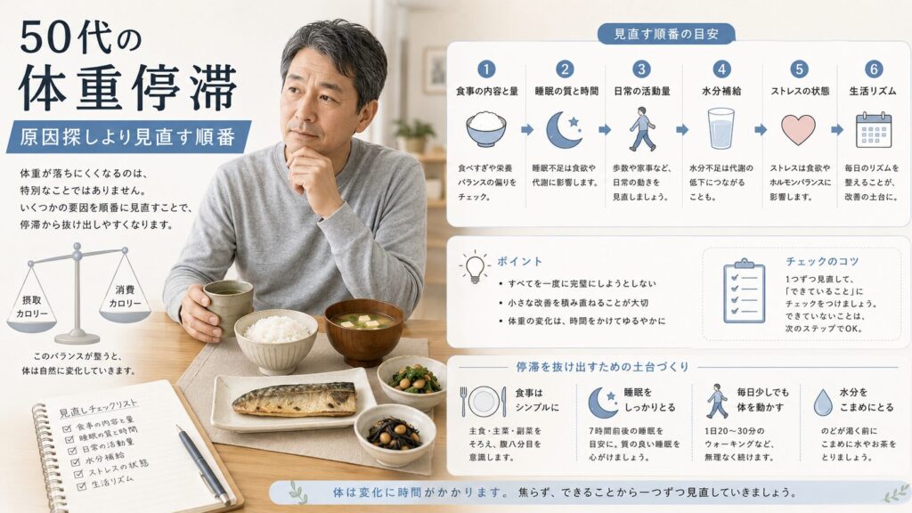 50代男性が体重停滞時に食事や生活習慣を順番に見直しているイメージ