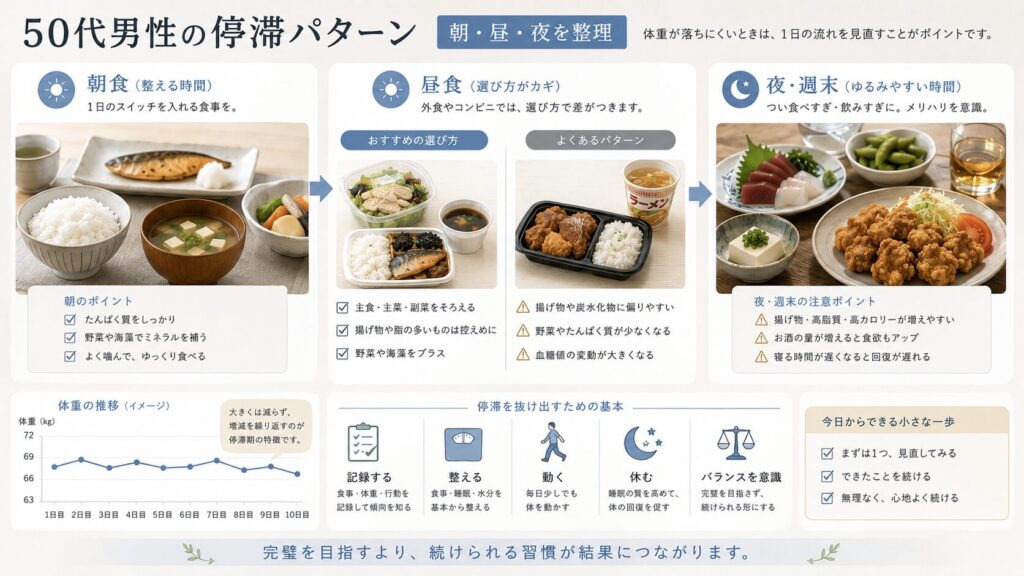 50代男性の朝食・昼食・夜食の違いによる体重停滞パターンを整理したイメージ