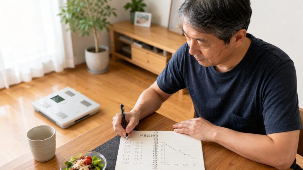 50代男性が体重記録を確認しながら体重管理を行う様子