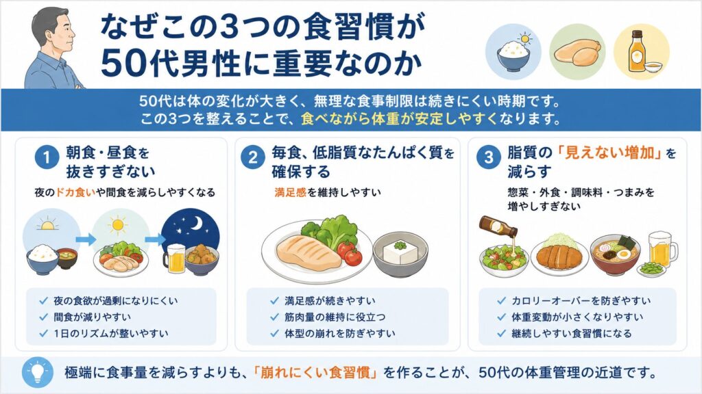 50代男性向けに、朝食・昼食を抜きすぎないこと、低脂質なたんぱく質を確保すること、脂質の見えない増加を減らすことの重要性を整理した図解。