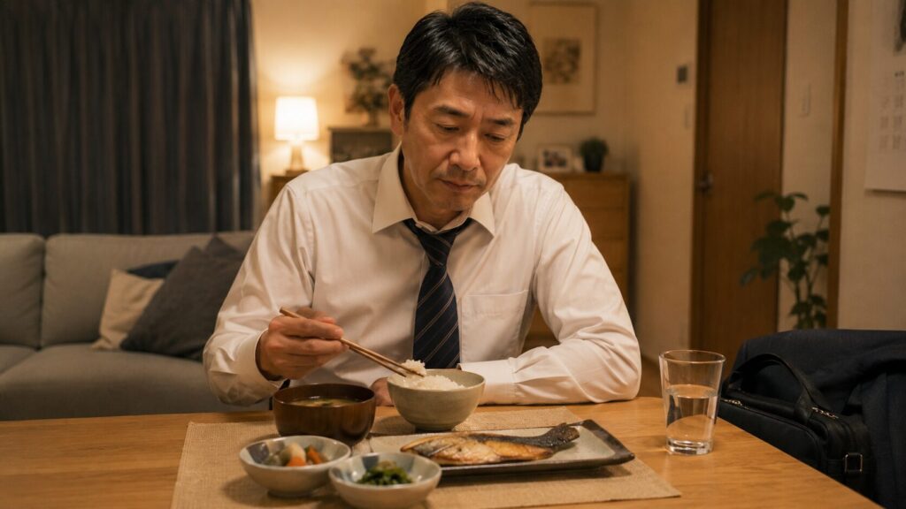 仕事や疲労の影響を受けながらも、和食中心で体重管理を続ける50代男性の様子